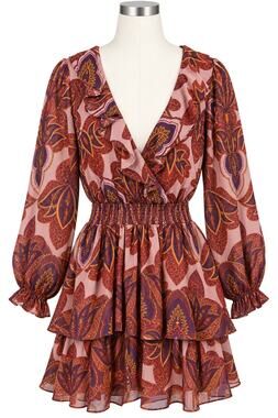 Socialite Mauve/Rust Paisley Floral Ruffle Smocked Boho Mini Dress - Size M